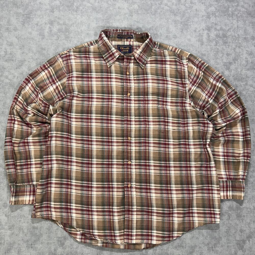 Vintage 90s Chevella Arrow Plaid Button Down Shirt Mens XL Green Beige Burgundy